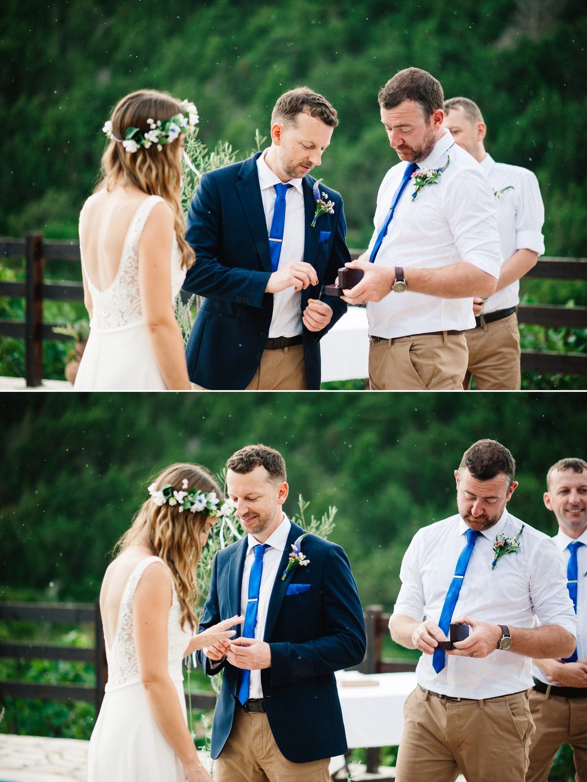 Candid moments during wedding ceremony showing groom looking at phone with groomsmen outdoors.