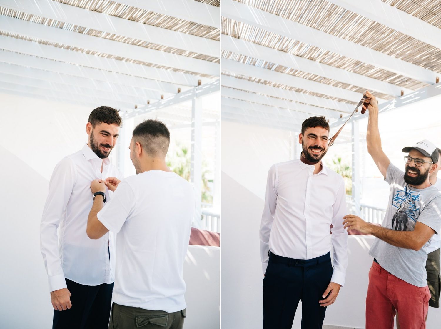 Friends interacting and celebrating in a sunlit room with white walls.