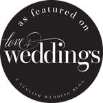 A row of elegant black and white wedding blog and magazine feature badges arranged horizontally.