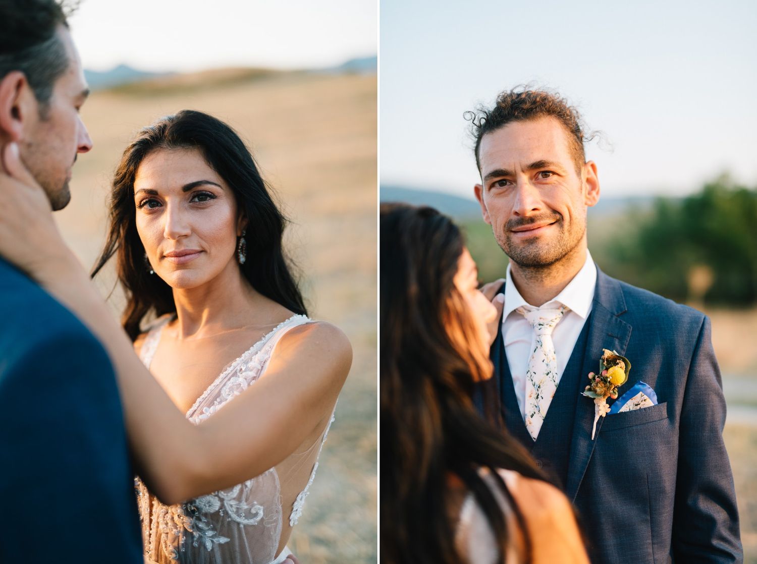 Wedding couple's intimate portraits in natural outdoor setting.