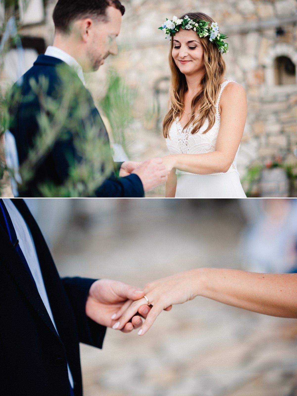 Intimate wedding ceremony moments with exchange of rings against stone wall backdrop.