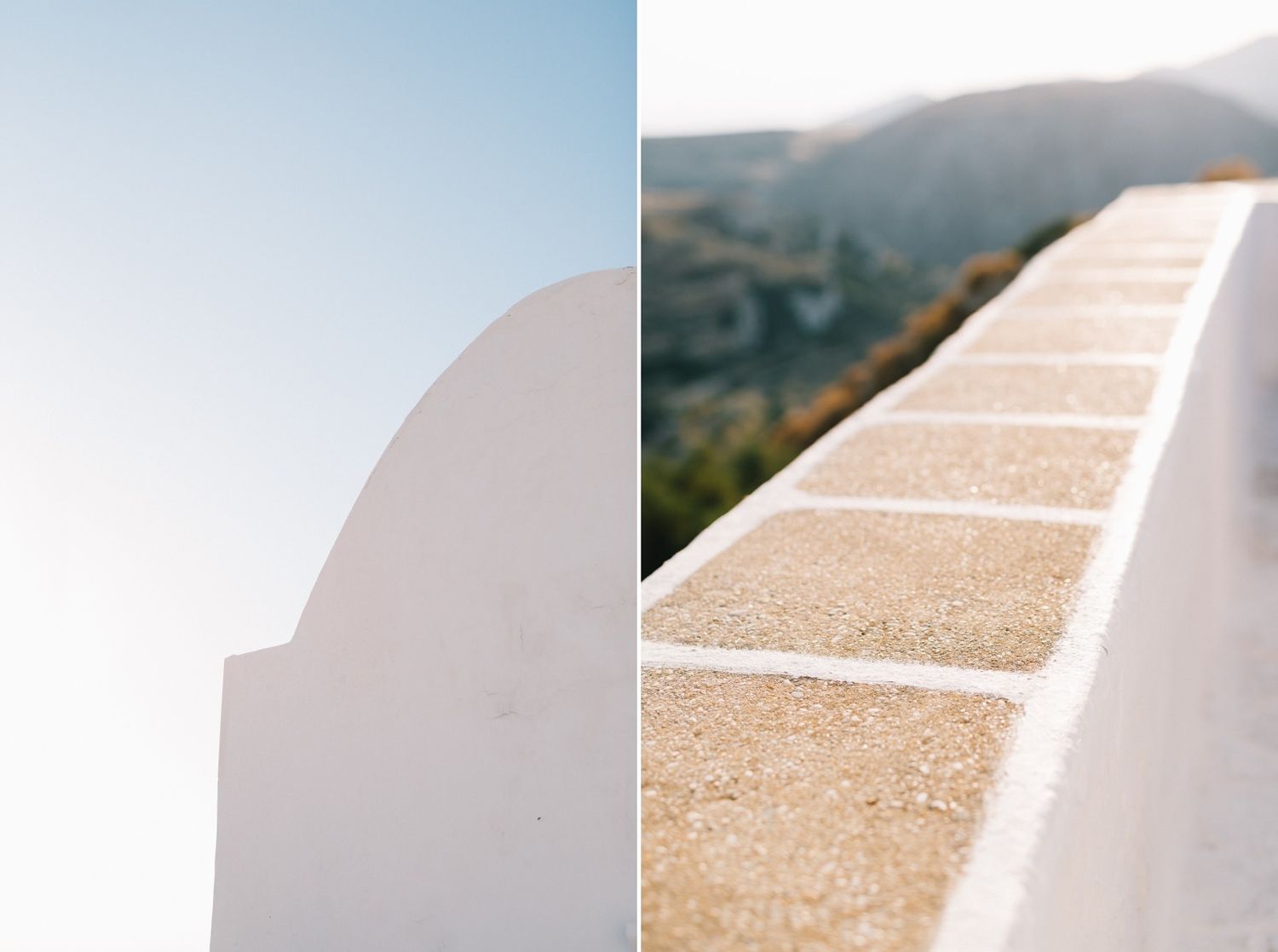Minimalist architectural detail of white Mediterranean building with mountain view.