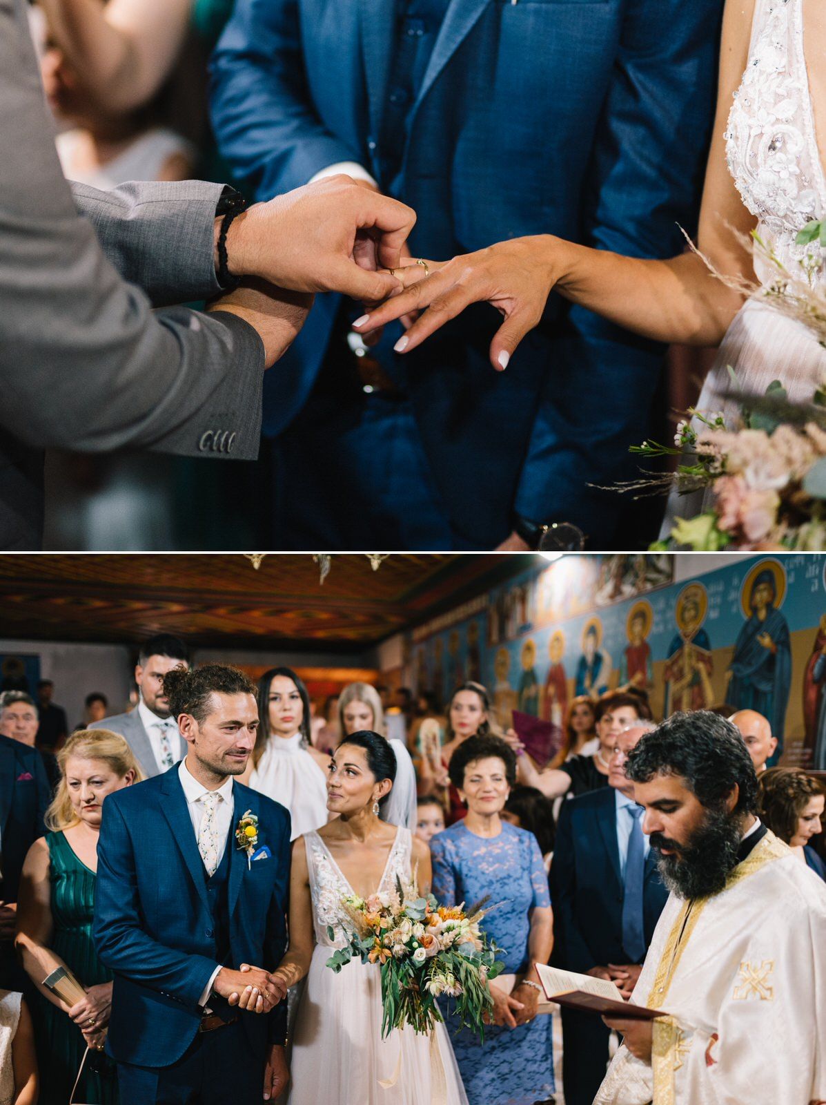 Wedding ring exchange during traditional ceremony with guests watching.