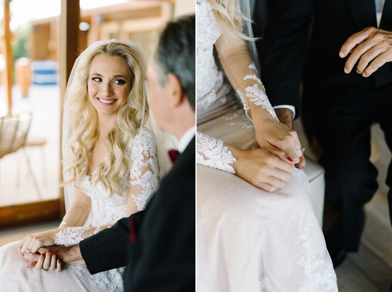 Wedding ceremony images showing signing of documents and details of white lace dress.