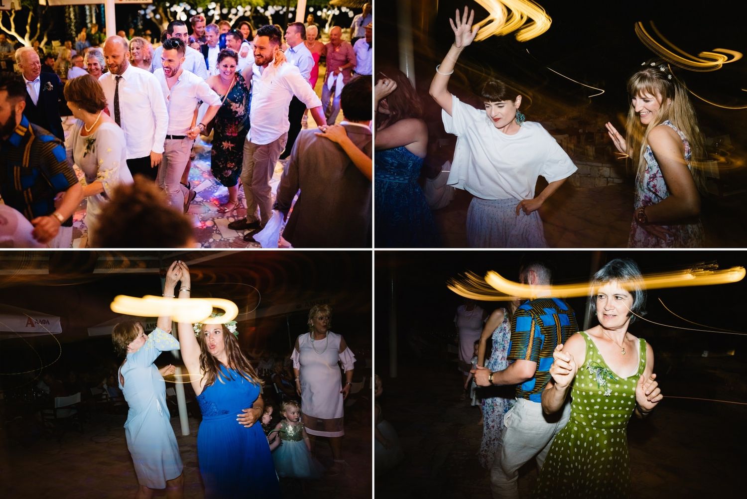 Collage of wedding guests dancing and celebrating with light effects at night reception.