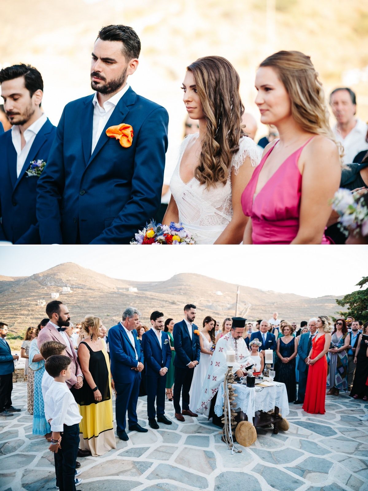 Outdoor Mediterranean wedding ceremony with bridal party and guests gathered on scenic stone patio.