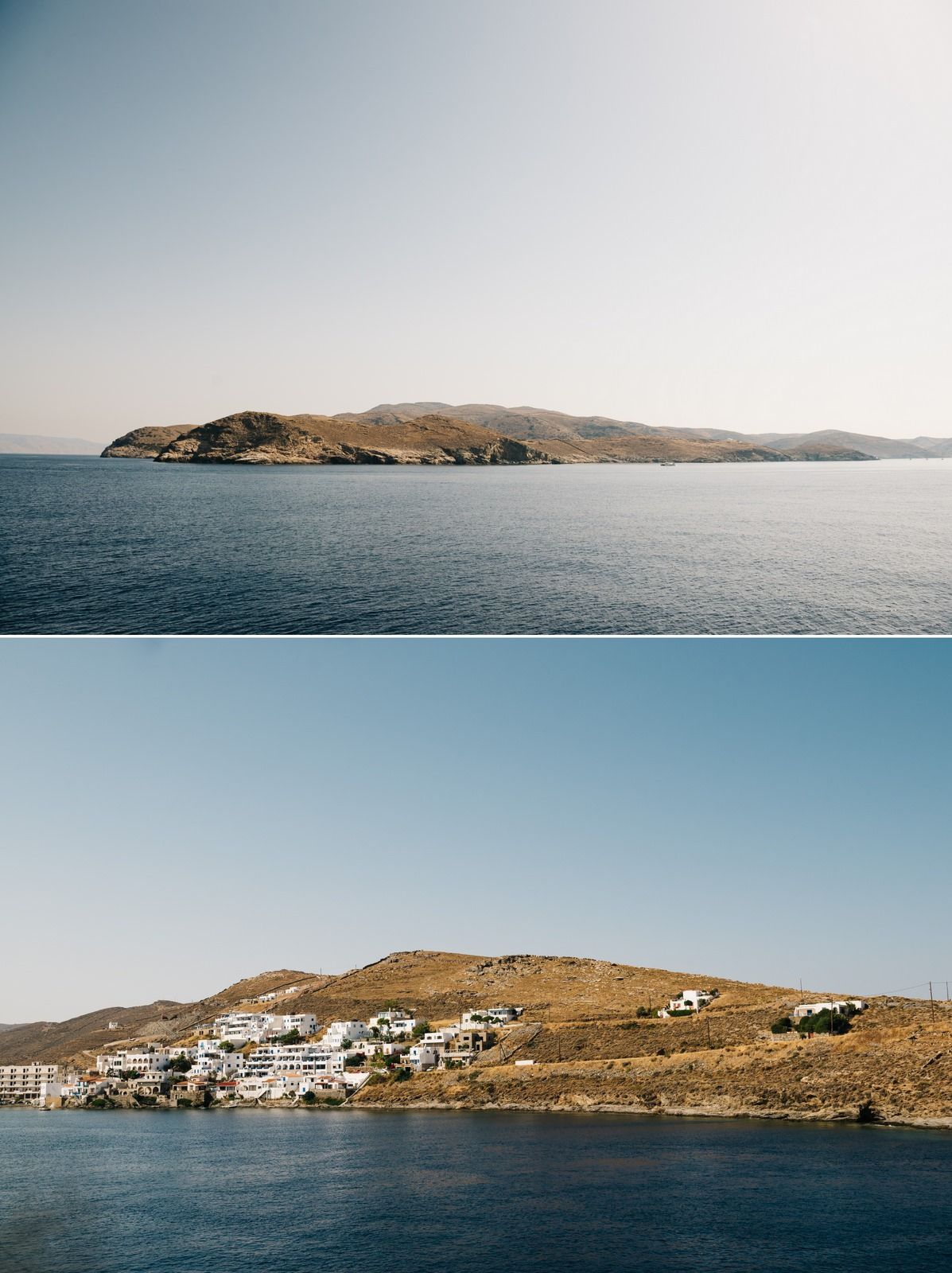 Hillside view of coastal homes overlooking a calm Mediterranean sea under clear blue skies.