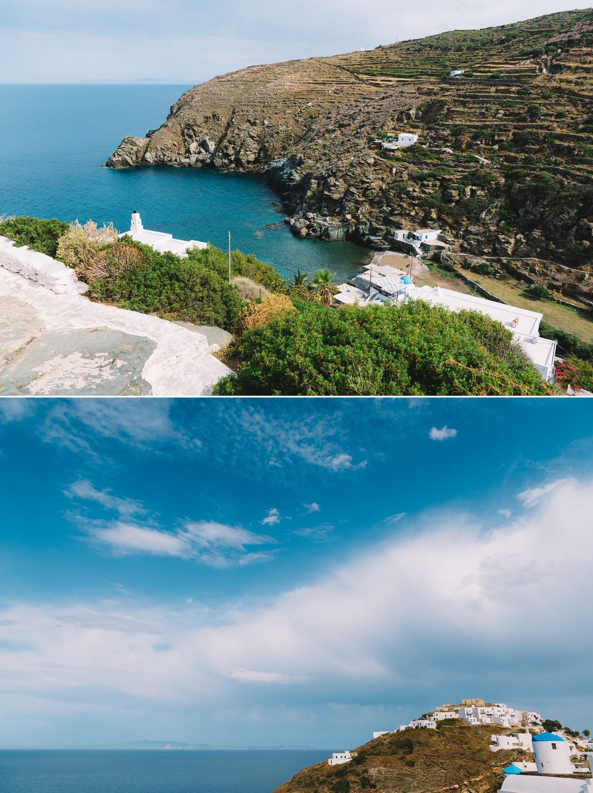 Scenic Greek island landscape showing terraced hillside and white buildings overlooking blue bay.