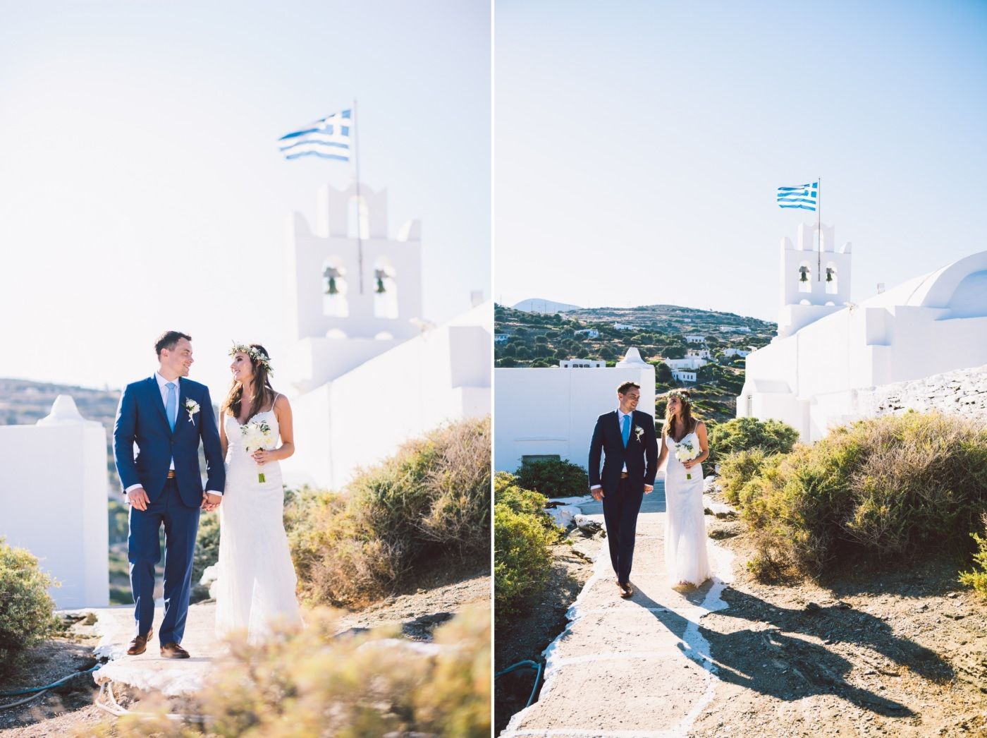 bride and groom walking near chrysopigi church at sifnos greece