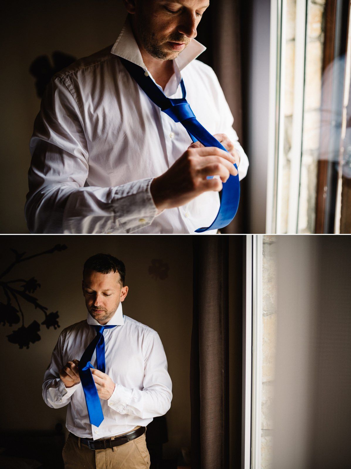 A black and white image of someone fastening cufflinks while getting dressed.