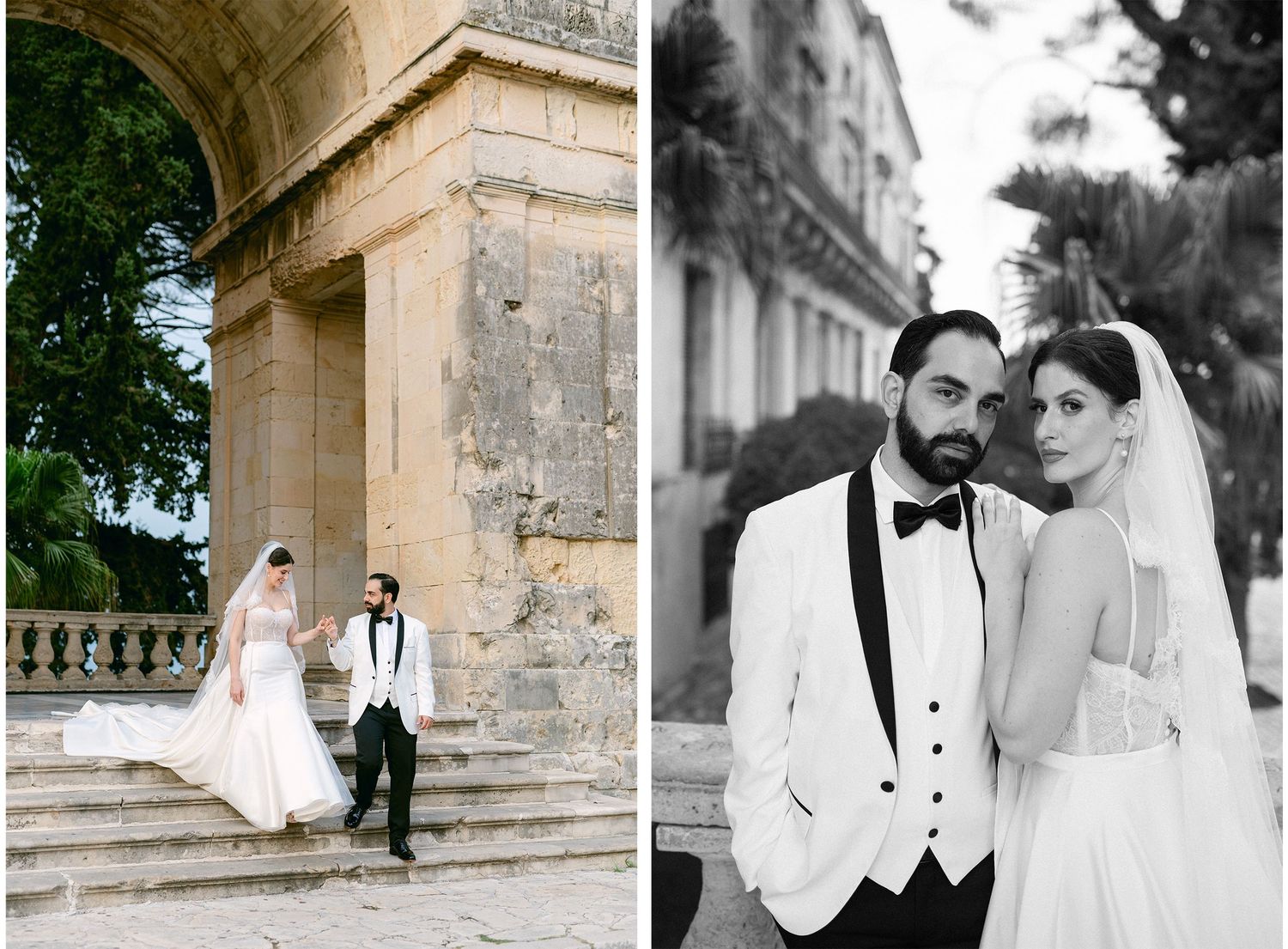 wedding photos showing elegant moments at a classical corfu island.