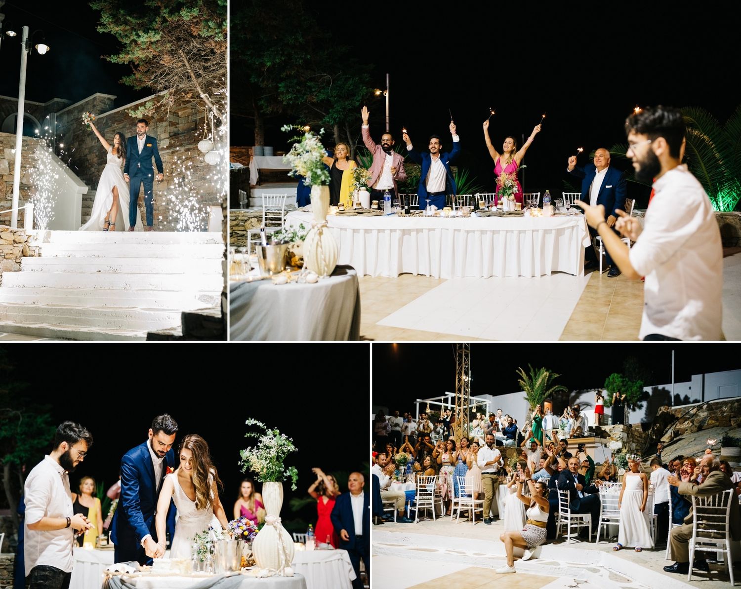 Collage of wedding reception moments showing celebrations and toasts.