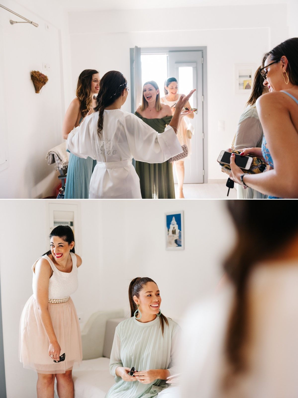 Wedding preparation scene with bridesmaids in mixed pastel dresses gathered in a bright white room.