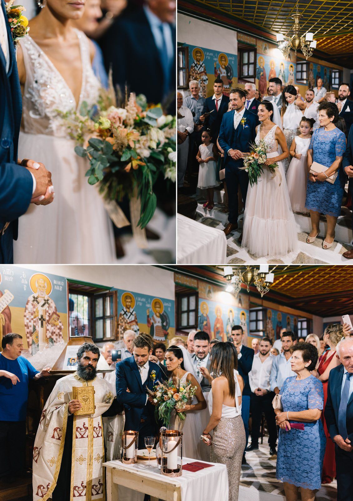 Elegant wedding ceremony taking place in a traditional church with ornate ceiling and religious artwork on display.