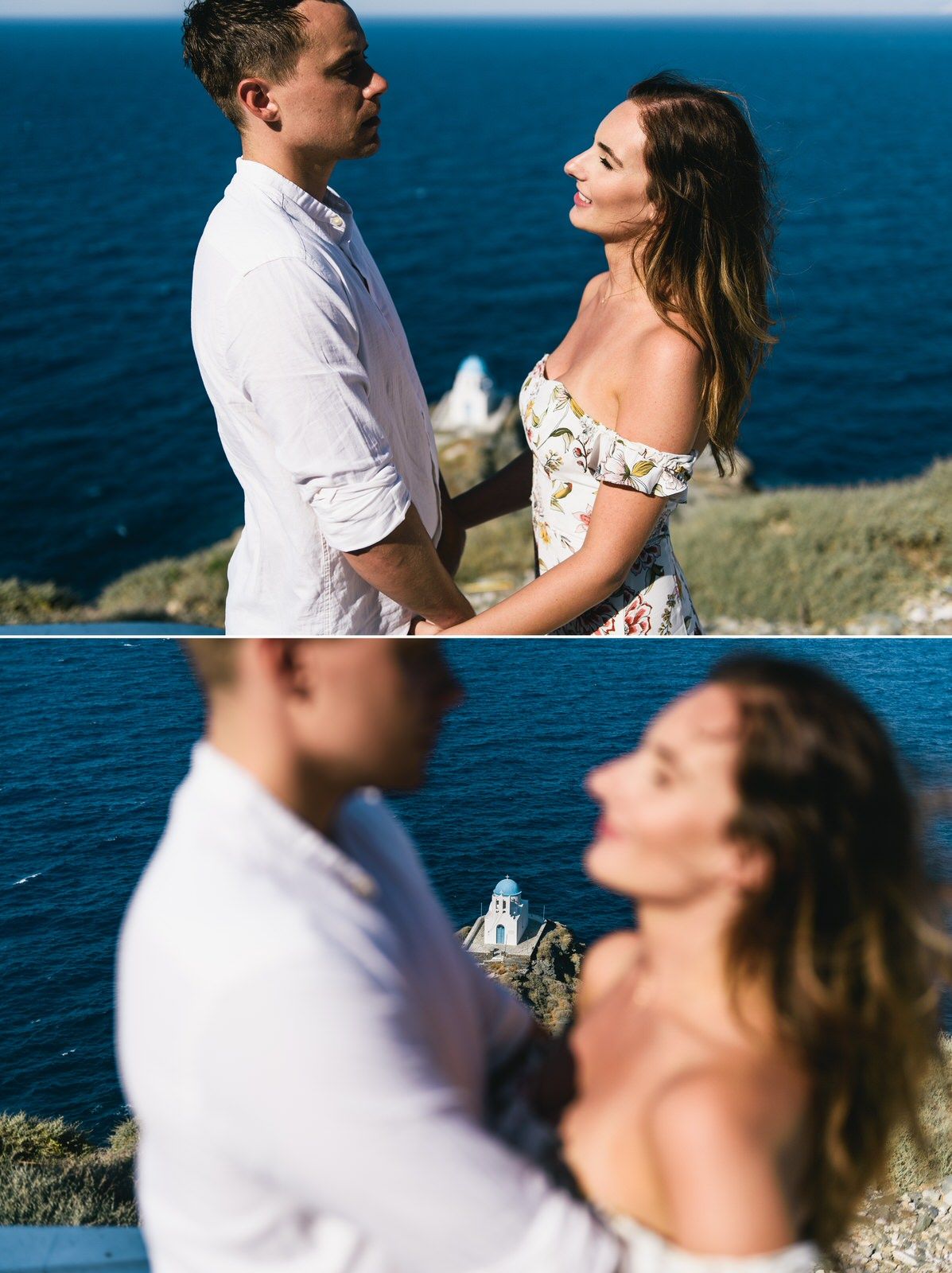 Romantic couple in white clothing sharing tender moments against a stunning ocean backdrop.
