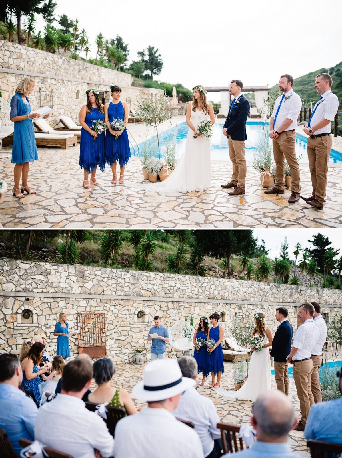 Wedding ceremony at a scenic stone venue with pool, featuring bridesmaids in royal blue dresses and groomsmen in casual attire.