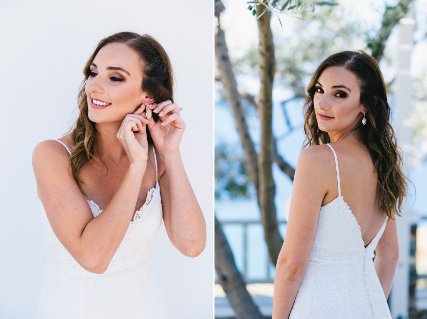 bride puts earrings in sifnos