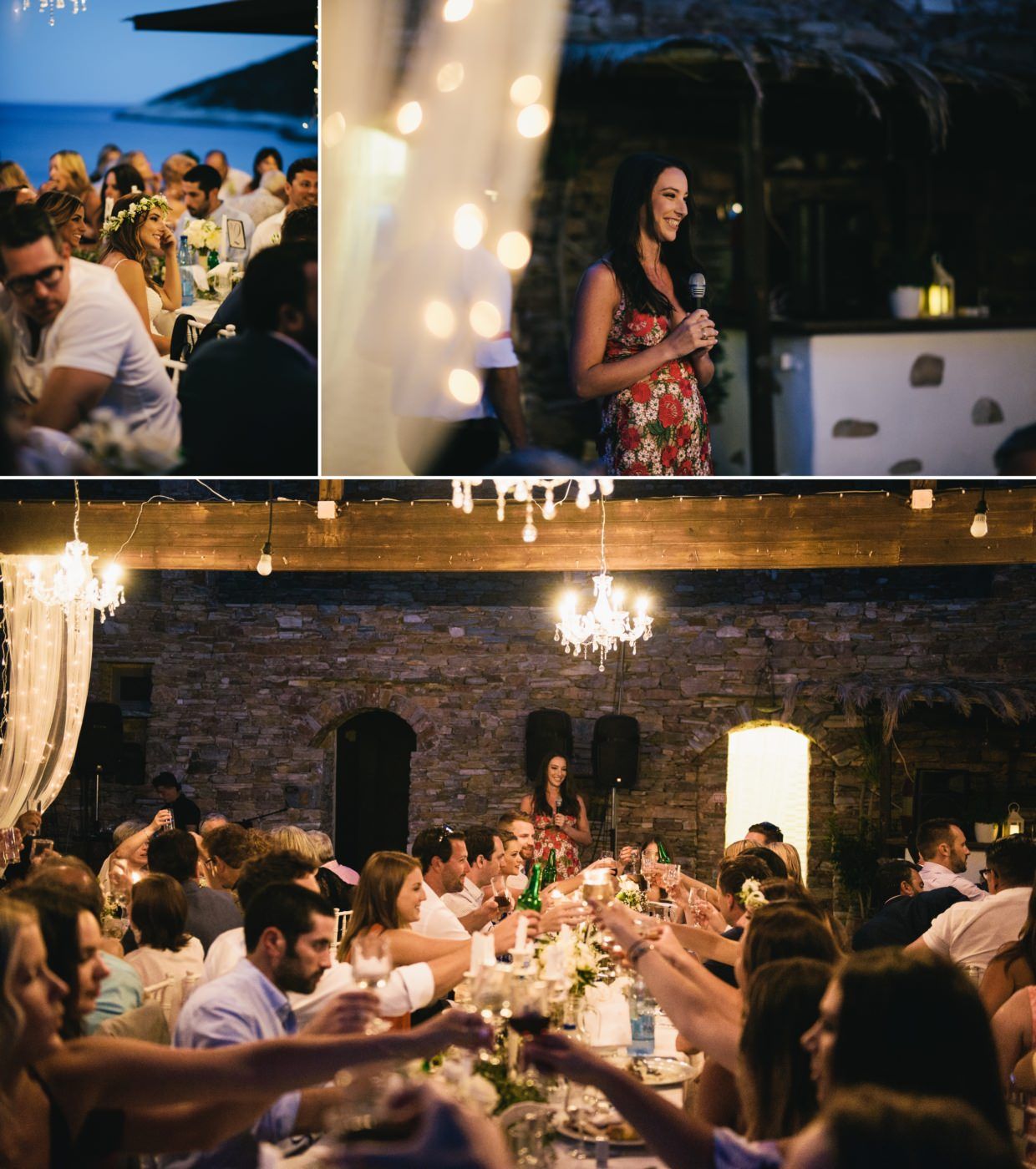 Wedding reception venue with rustic brick walls illuminated by warm string lights and chandeliers during dinner service.