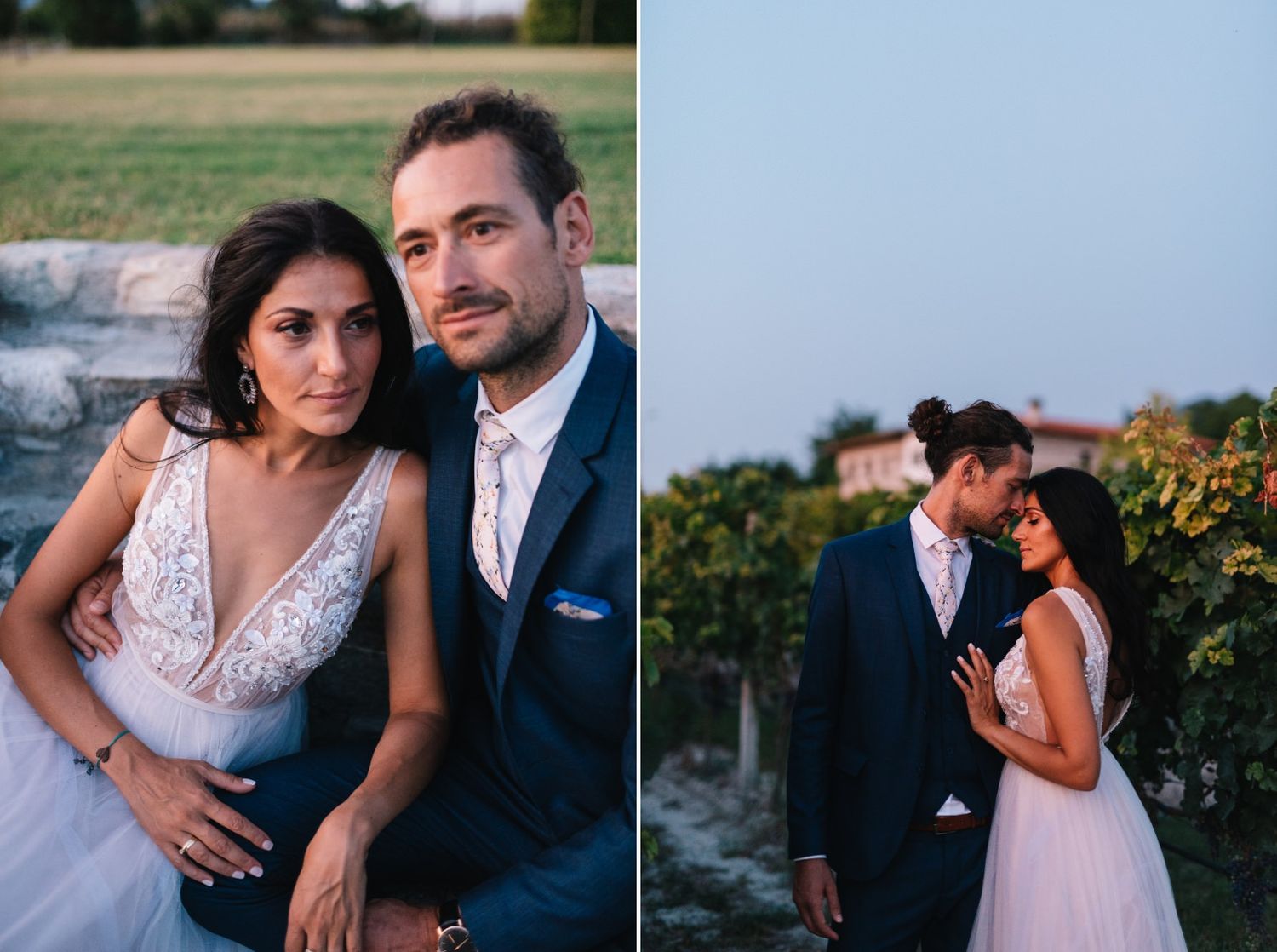 Romantic couple portraits taken at sunset in a vineyard setting.