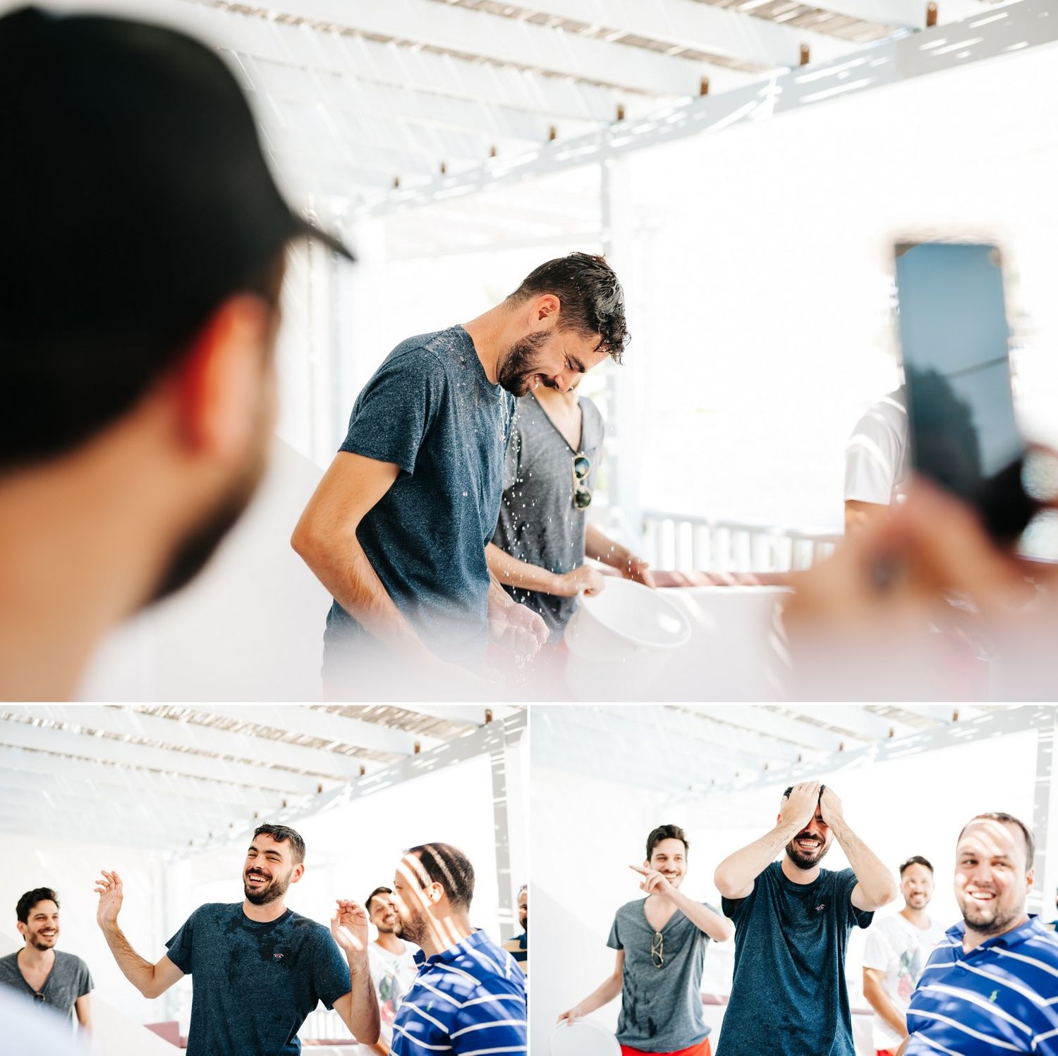 Candid shots of friends interacting and having fun at a social gathering.