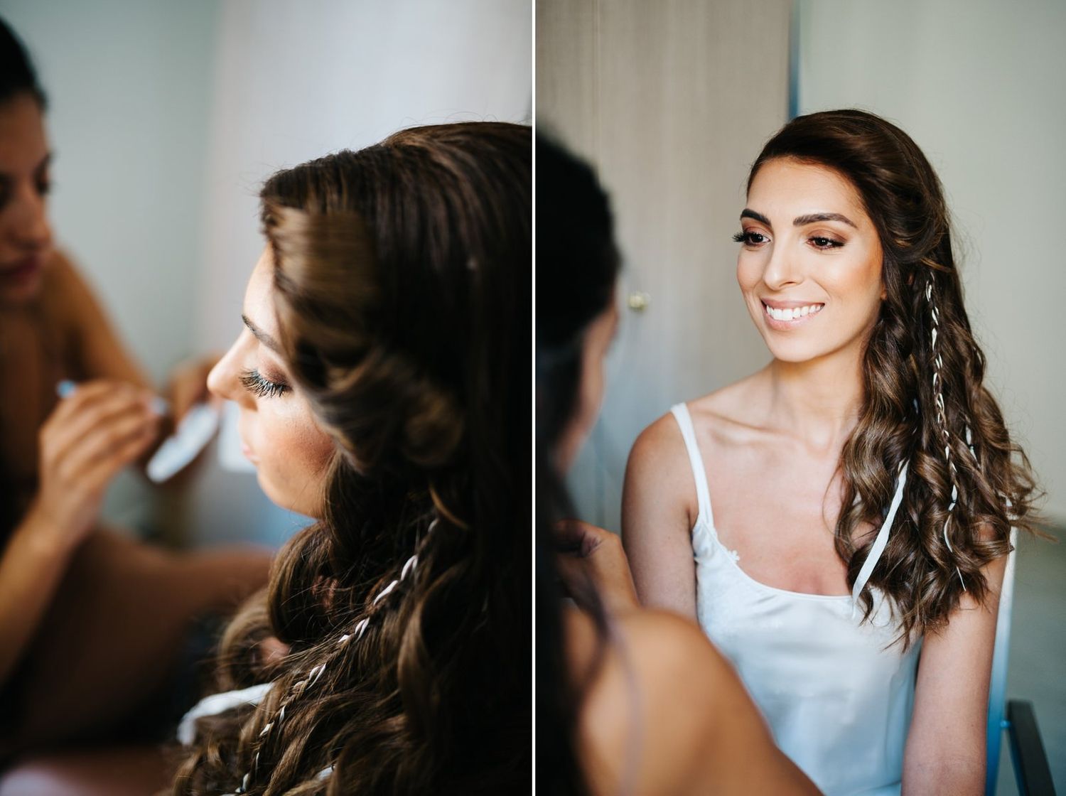 Behind the scenes shots of wedding day makeup application in soft lighting.