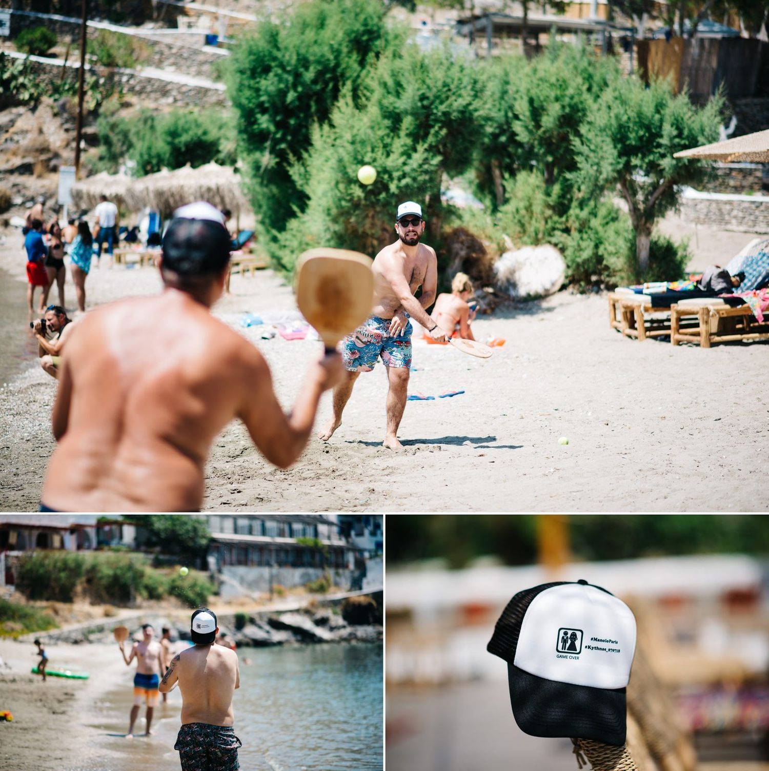 Beach goers playing paddle ball on a sunny Mediterranean shore.