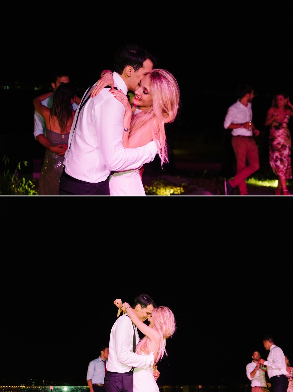 Two tender moments captured of a couple embracing during their first dance.