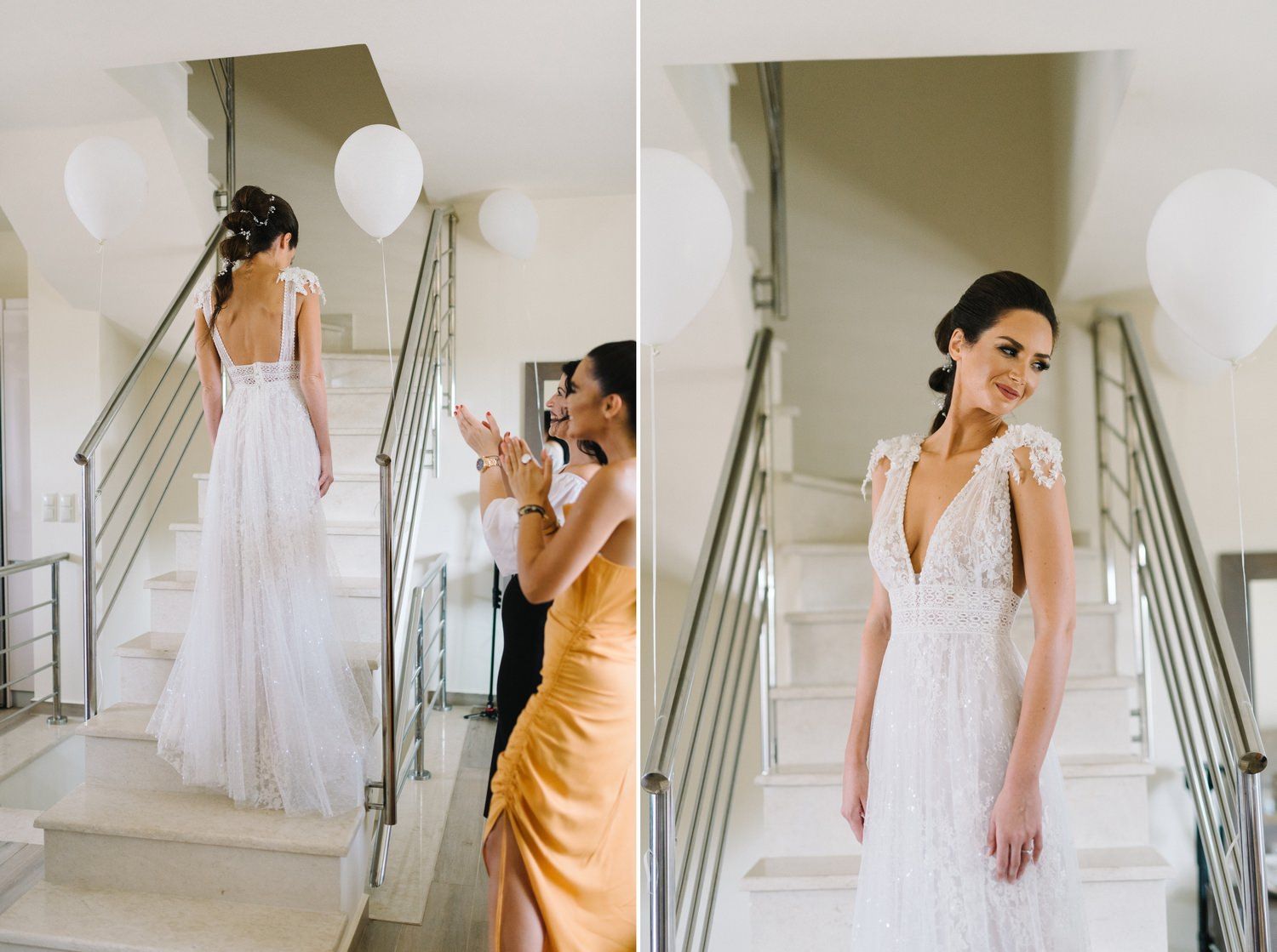 Wedding dress fitting moment captured in elegant interior with natural lighting.