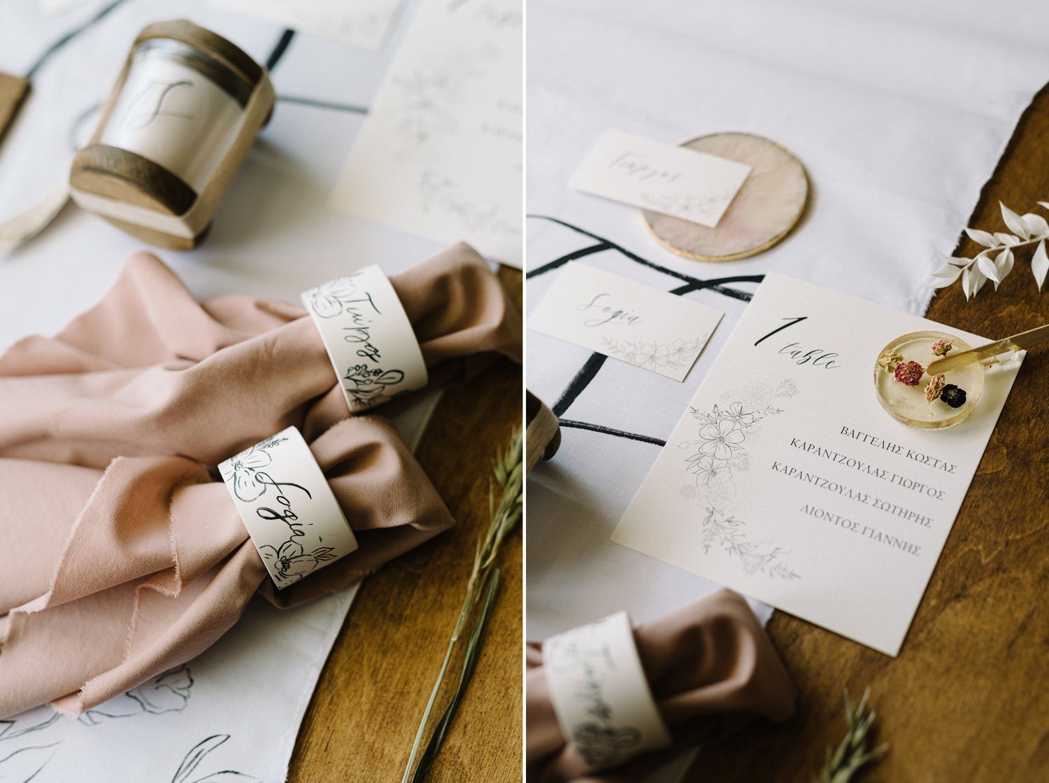 Wedding invitation and silk fabric details in soft blush tones on wooden surface.