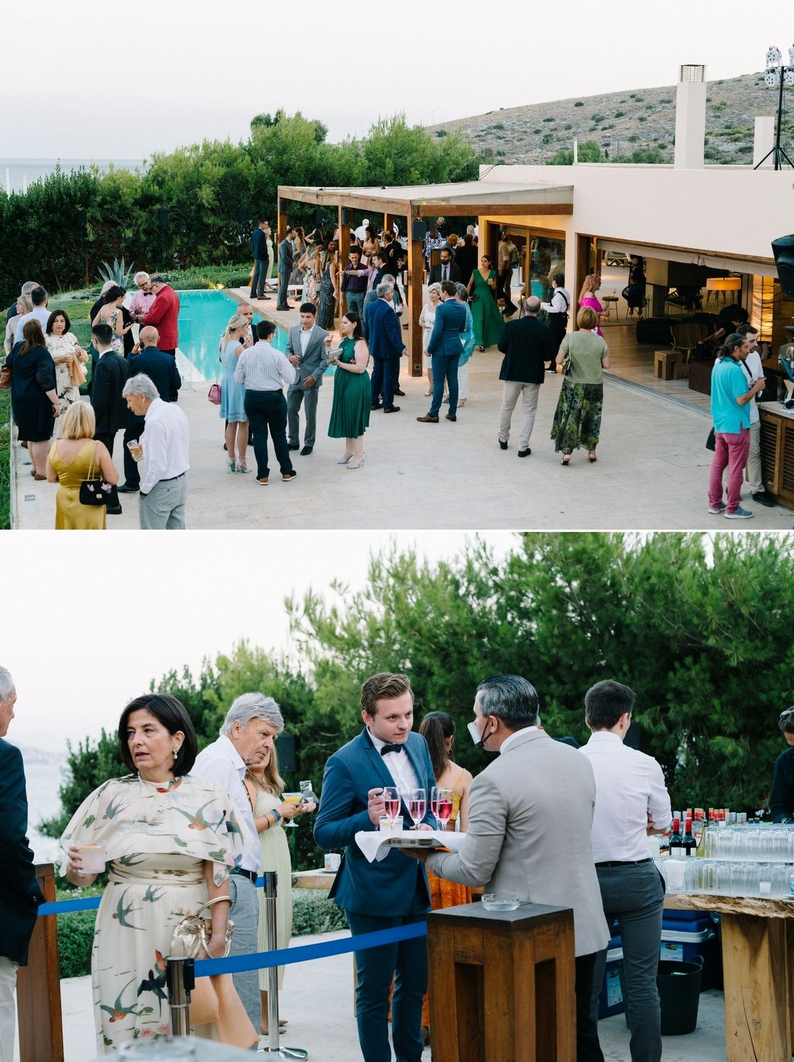 Outdoor wedding reception with guests mingling at rustic wooden bar tables.