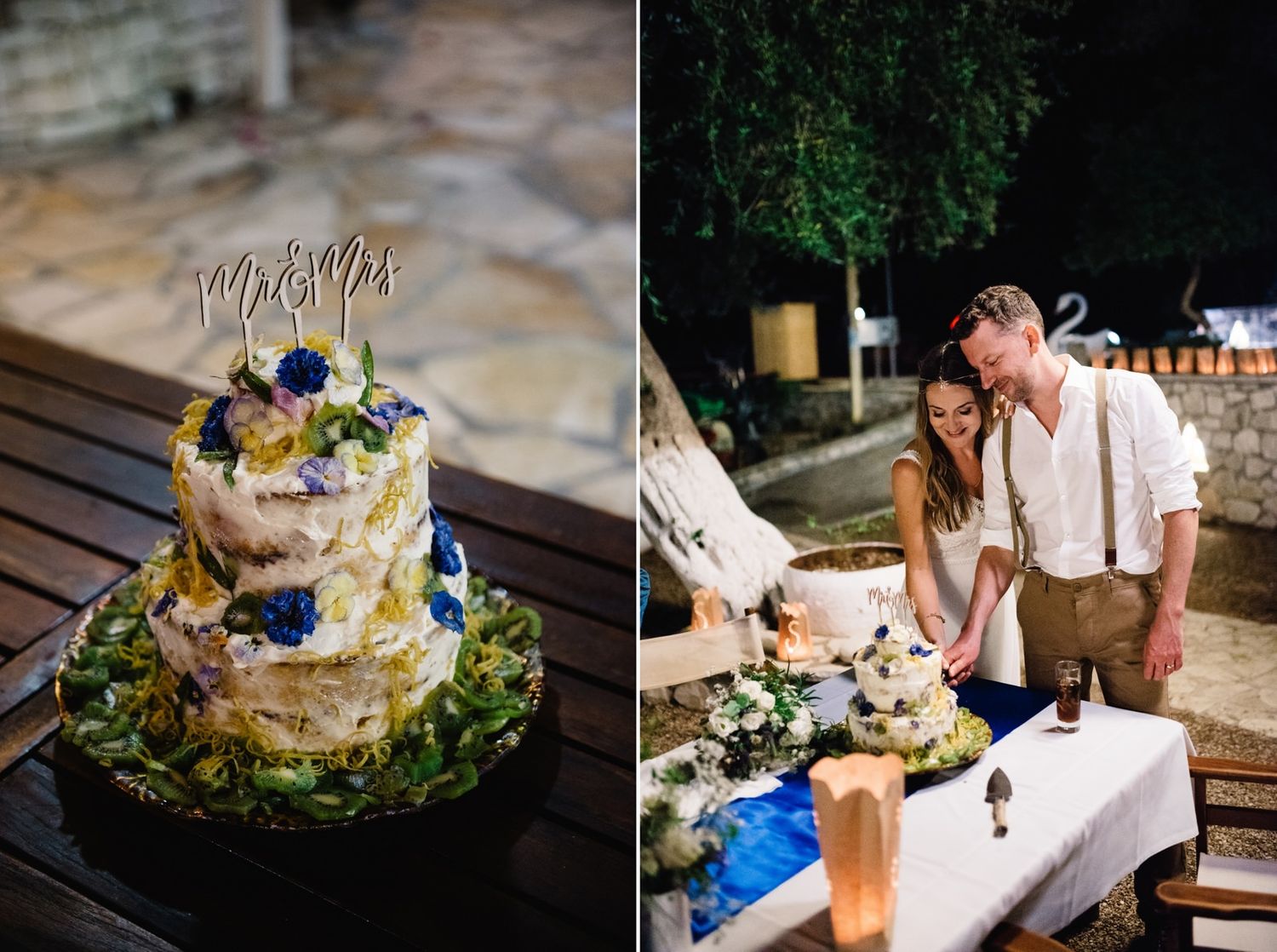 Rustic three-tiered wedding cake with fresh flowers next to couple cutting their cake at an outdoor reception.