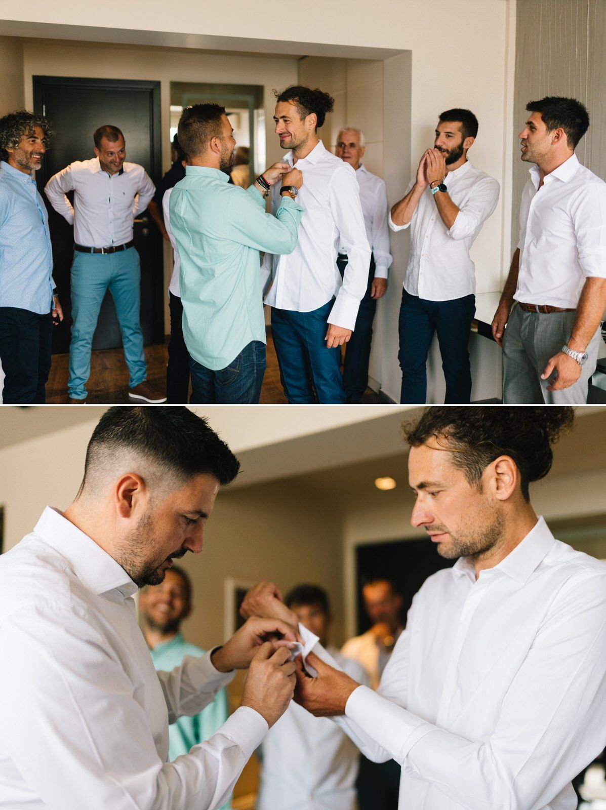 Wedding party helping each other get ready and adjusting their formal attire.