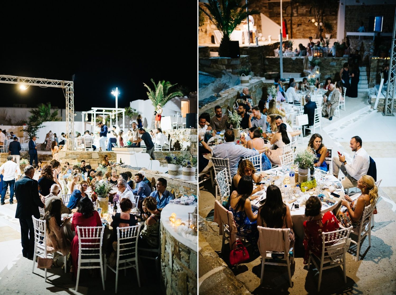 Outdoor evening wedding reception with guests dining at round tables under string lights.