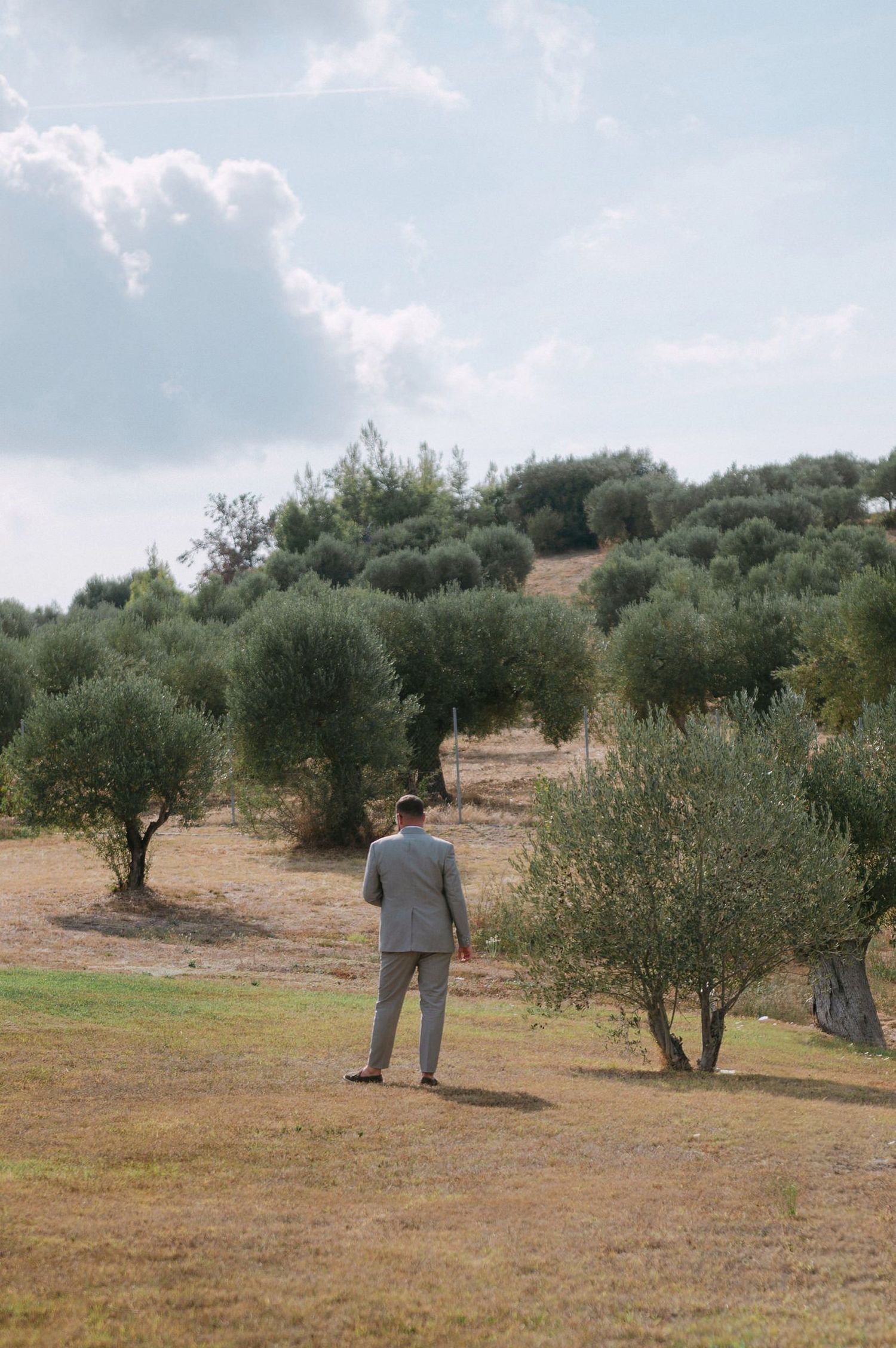 A person in business attire walks through an olive grove on a sunny day with scattered clouds in the sky.