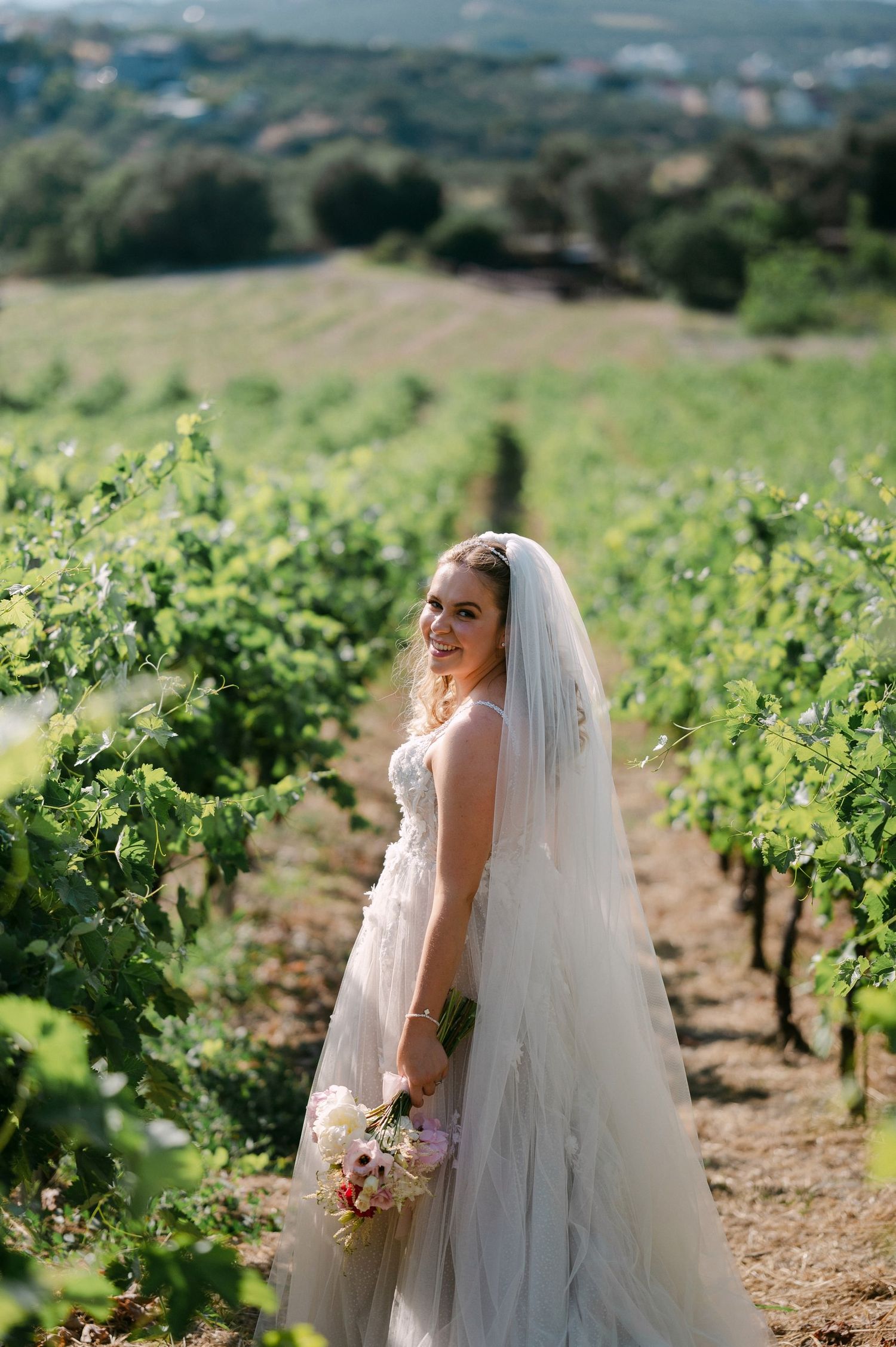 A bride stands in flowing white dress and veil among rows of grapevines at a hillside vineyard on a sunny day.