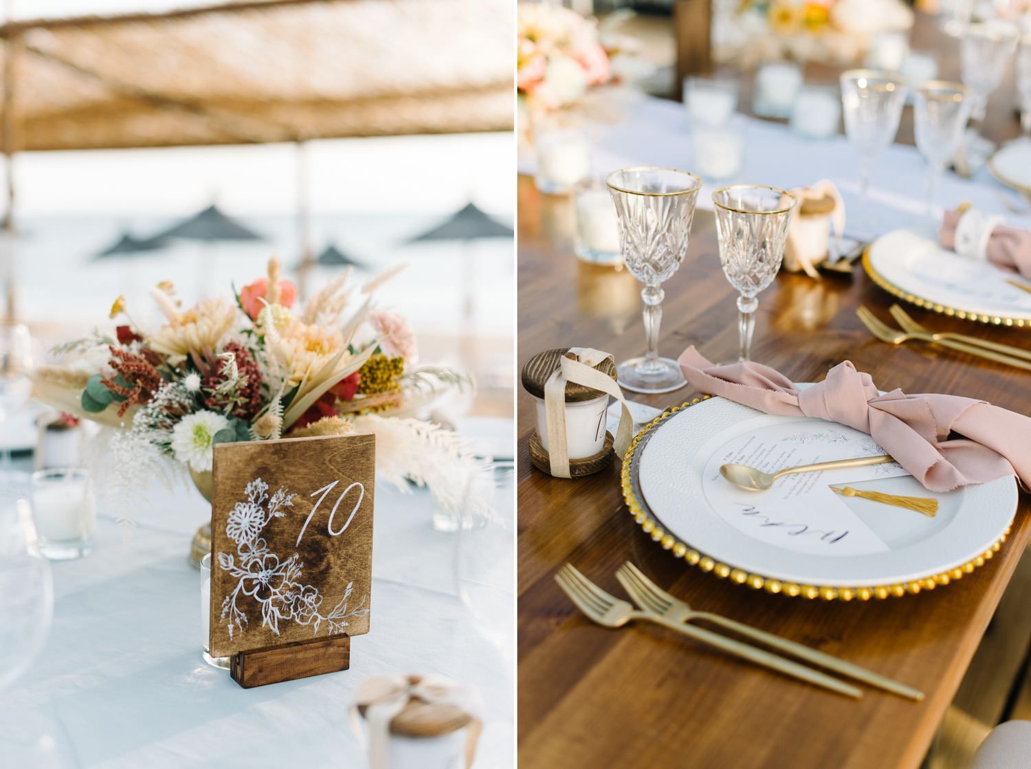 Wedding table settings featuring delicate floral centerpieces and gold-rimmed place settings.