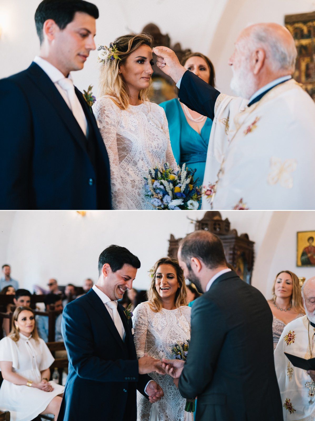 Wedding couple exchanging vows during traditional Greek Orthodox ceremony.