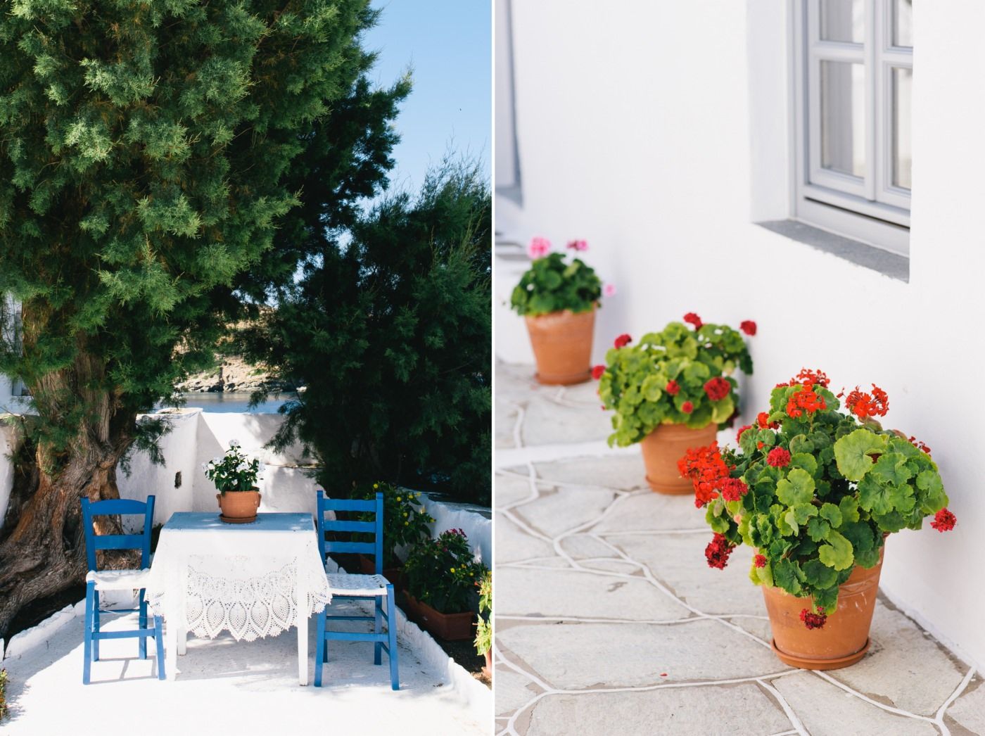Traditional Greek patio with blue chairs and potted flowers on white walls.