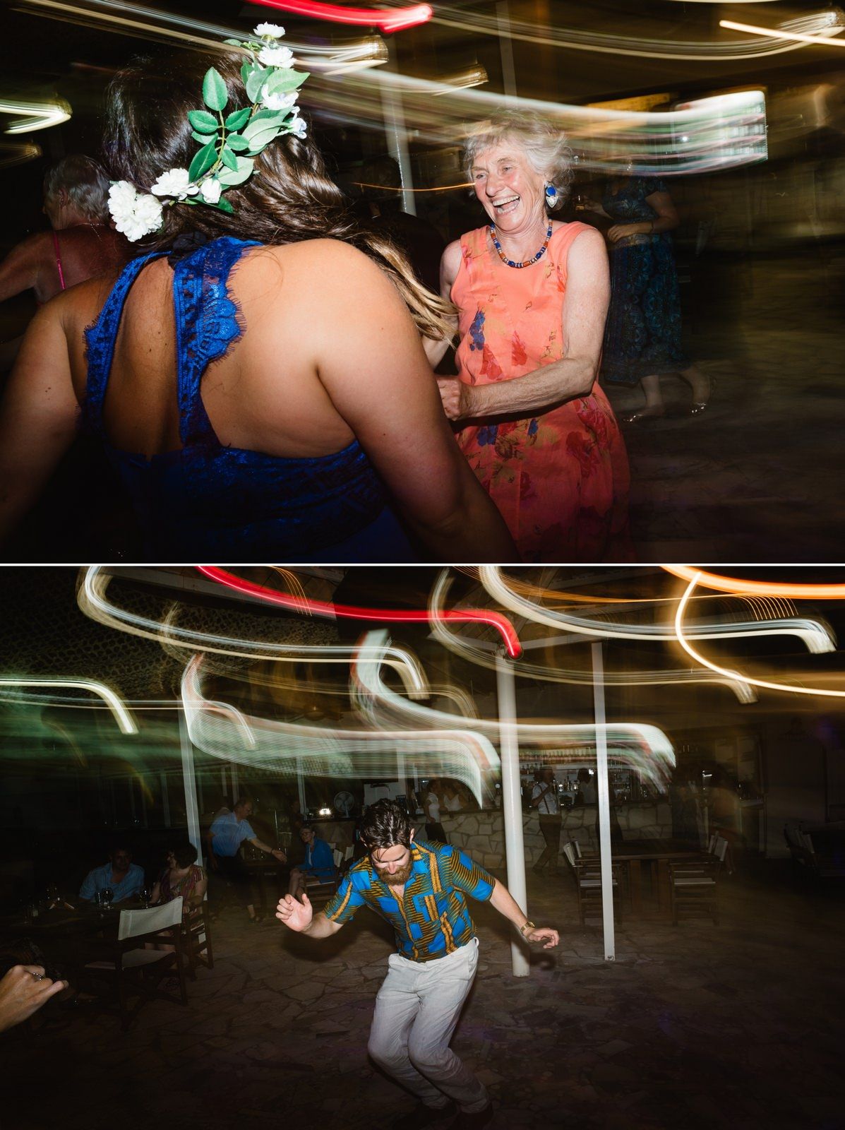 Dynamic dance floor shots of wedding guests celebrating with motion blur effects.