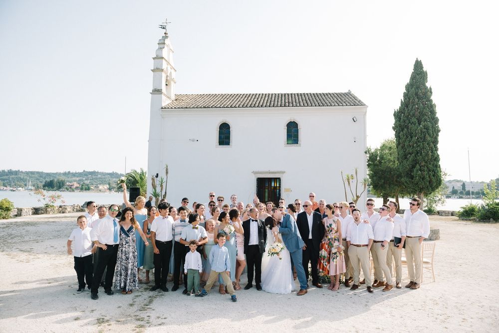 A collage of wedding party group photos taken outside a Ypapanti church in Corfu island