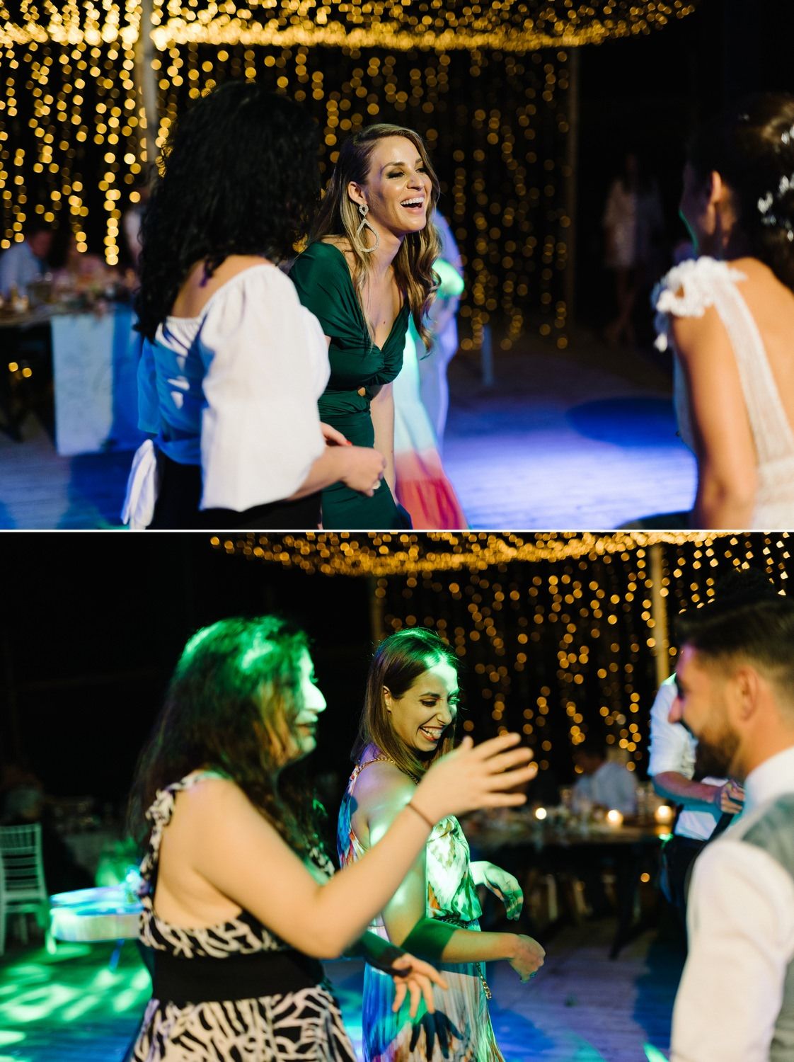 Dance party with colorful lighting and string light decorations overhead.