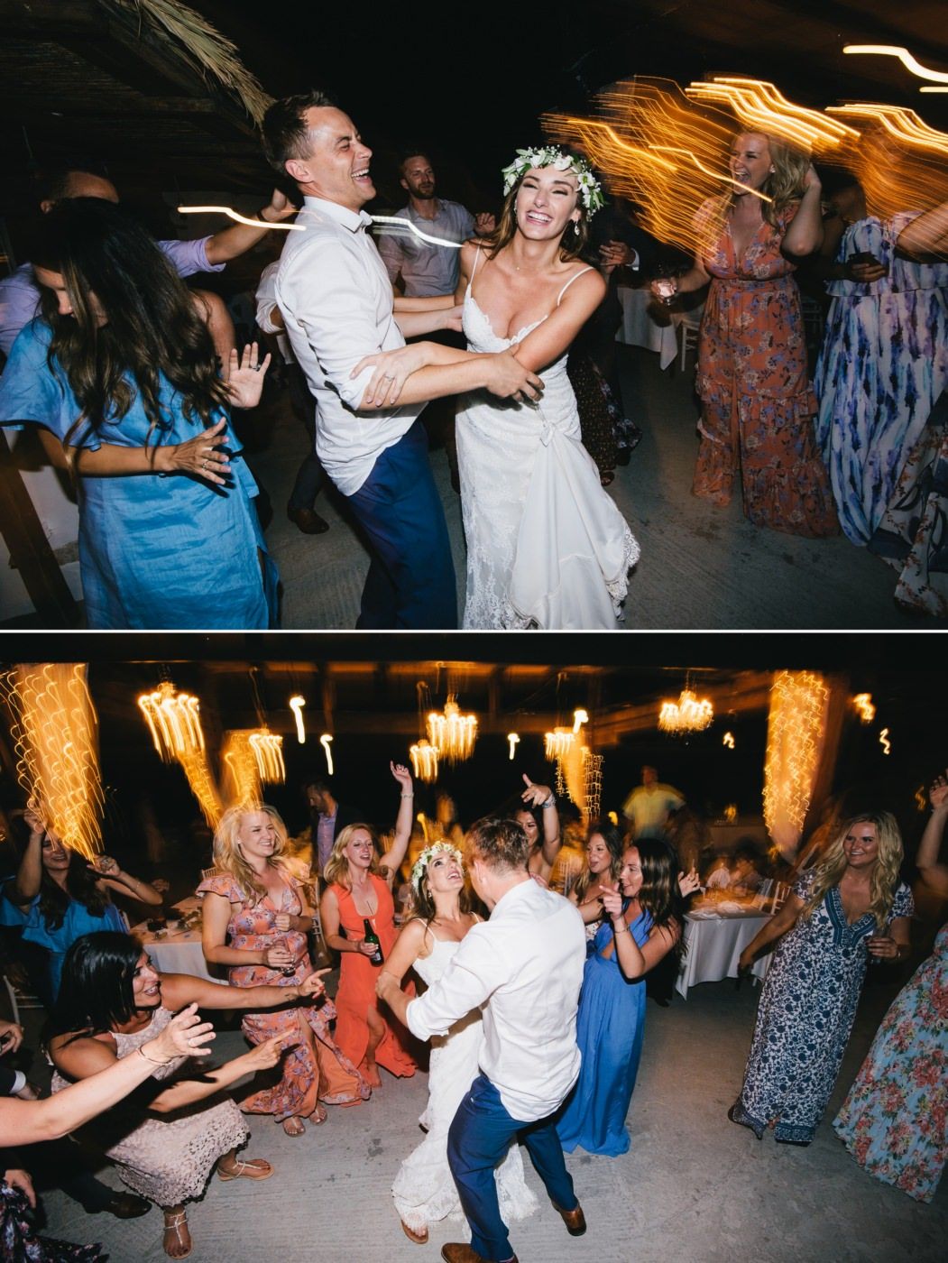 Wedding celebration on the dance floor with guests dancing enthusiastically under ambient lighting.