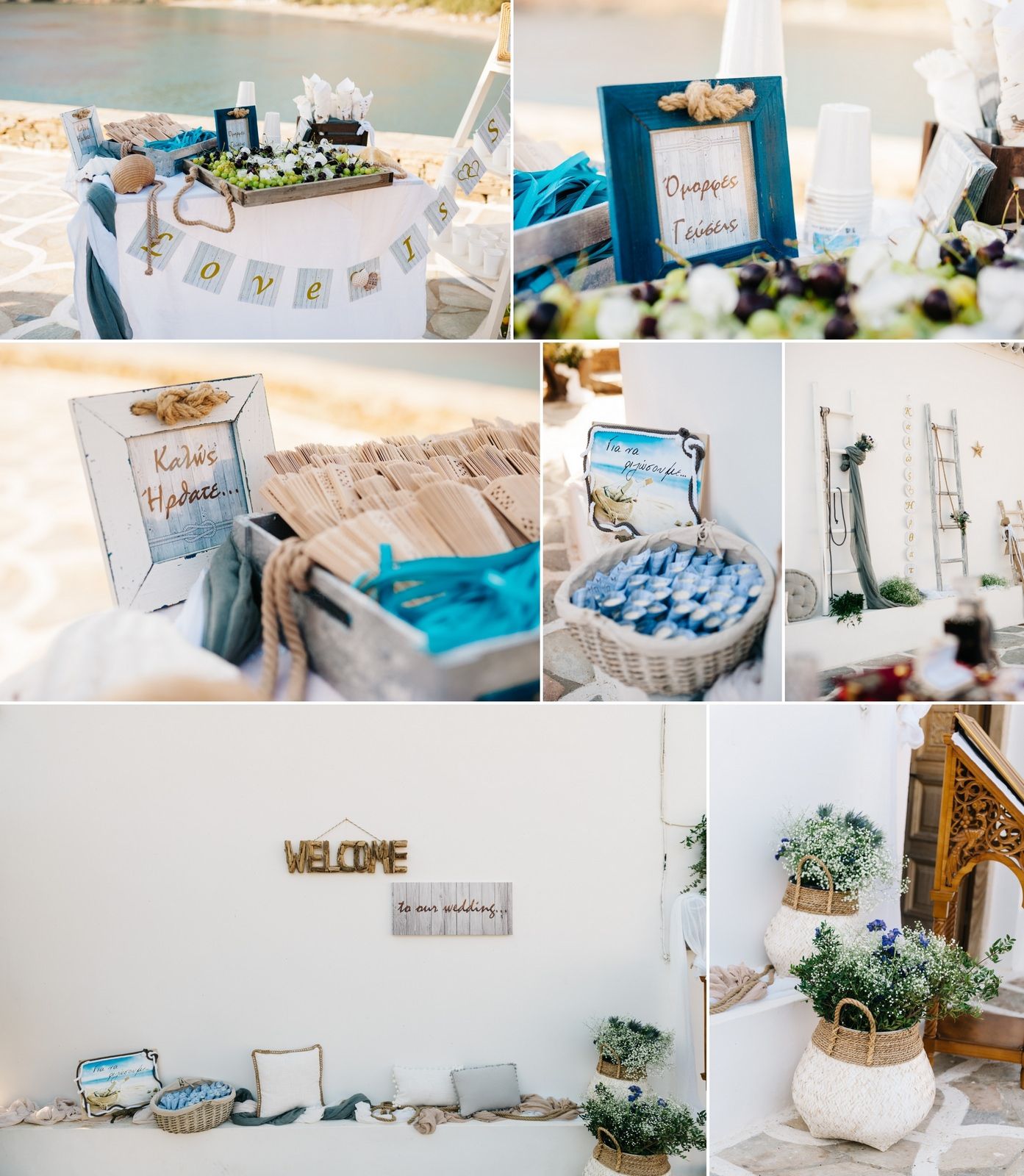 Wedding reception details featuring blue and white decor, welcome signs, and coastal themed decorations.