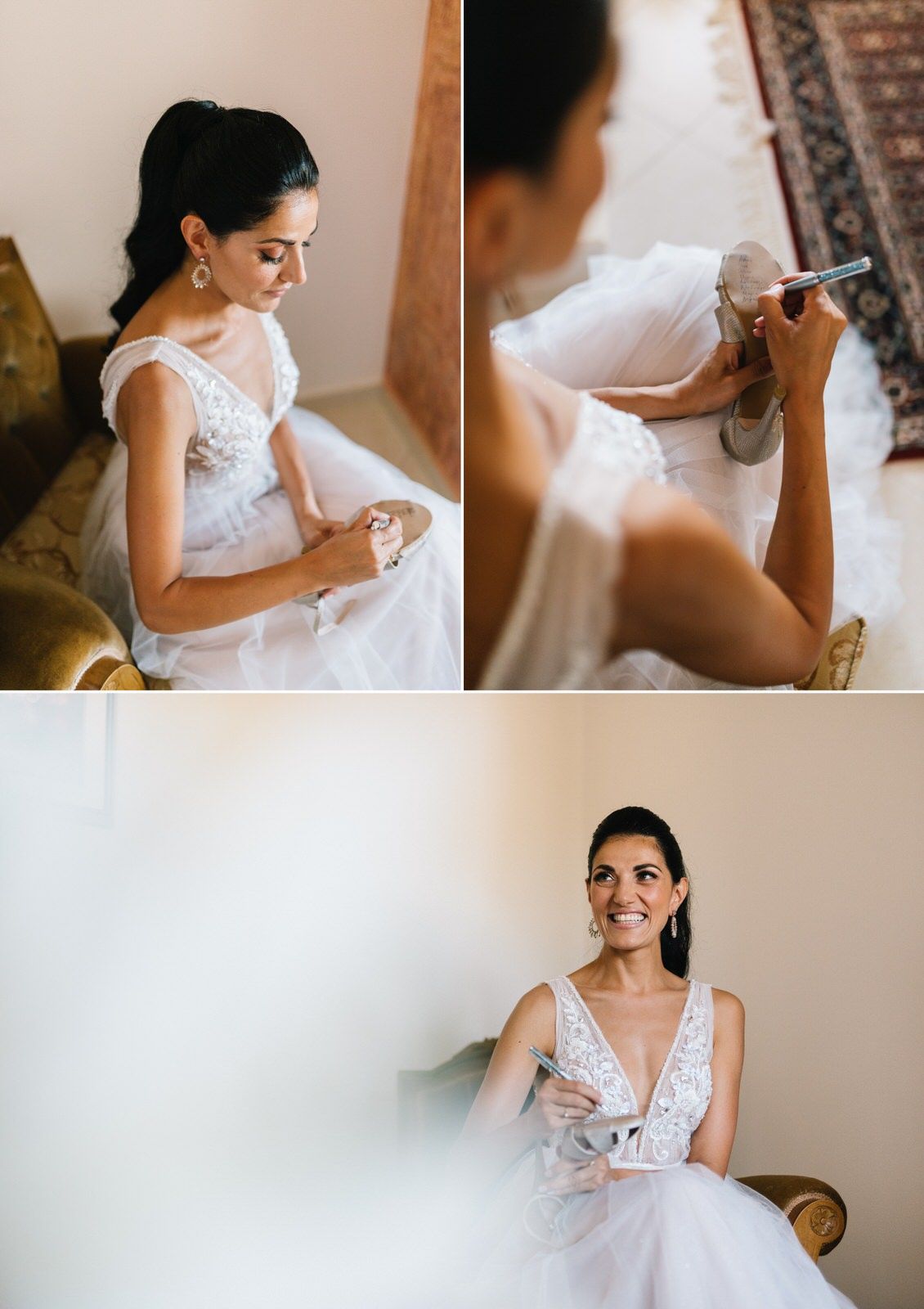Bride in lace wedding dress preparing for her special day.
