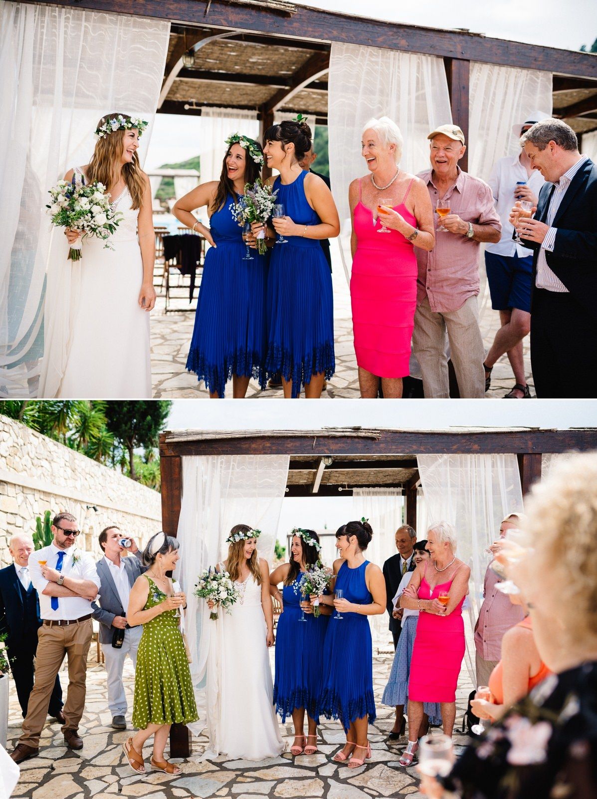 Wedding reception gathering with guests in colorful attire under covered patio area.