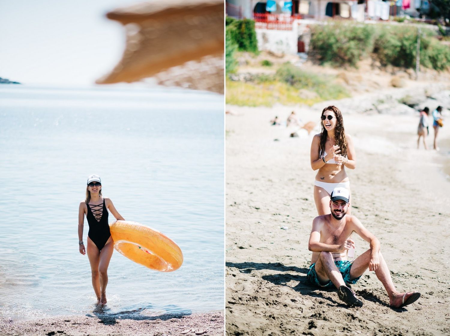 Summer beach scenes with people enjoying water activities at a Mediterranean coastal destination.