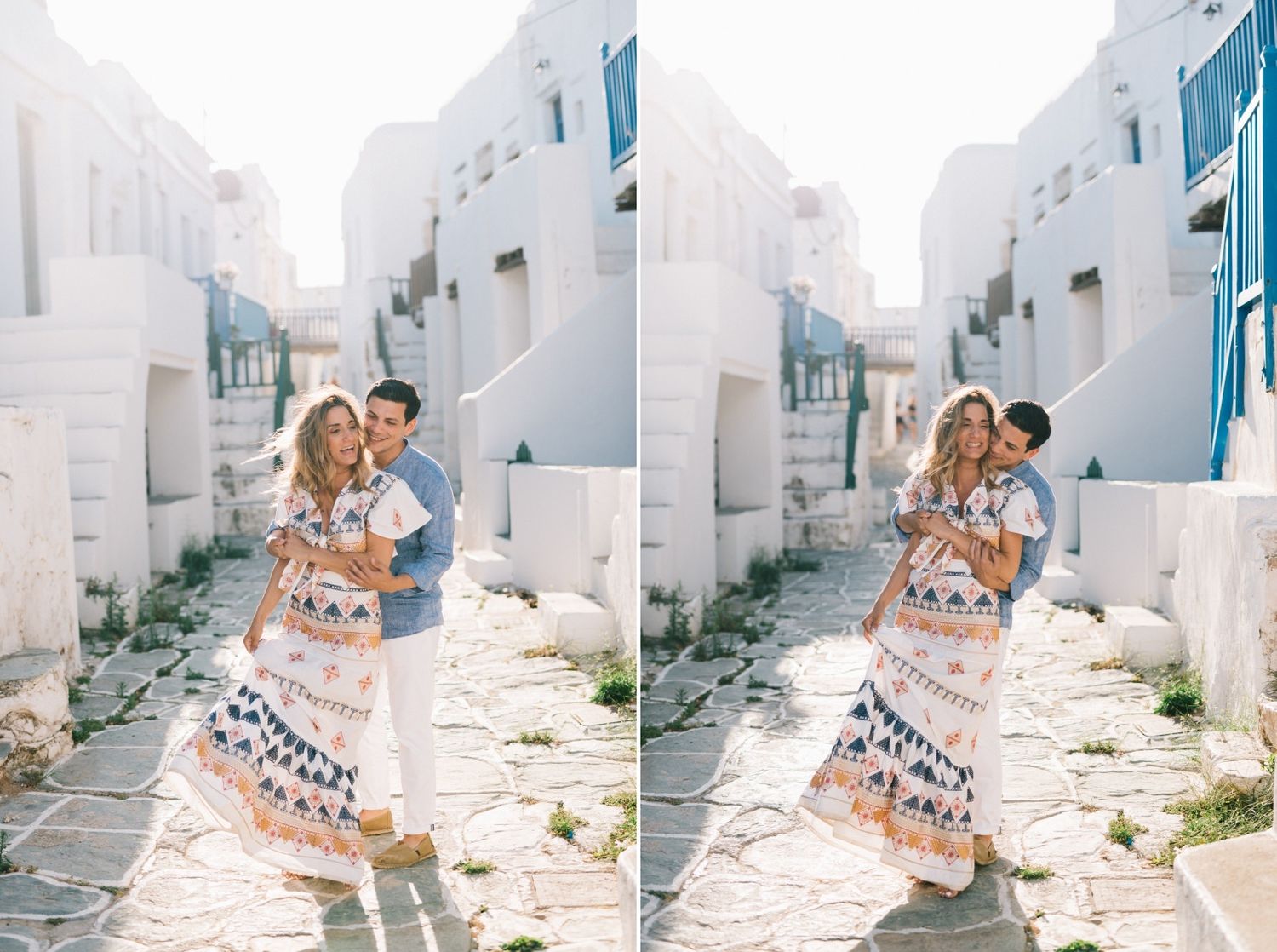 Two candid romantic moments captured in a Mediterranean alleyway setting.