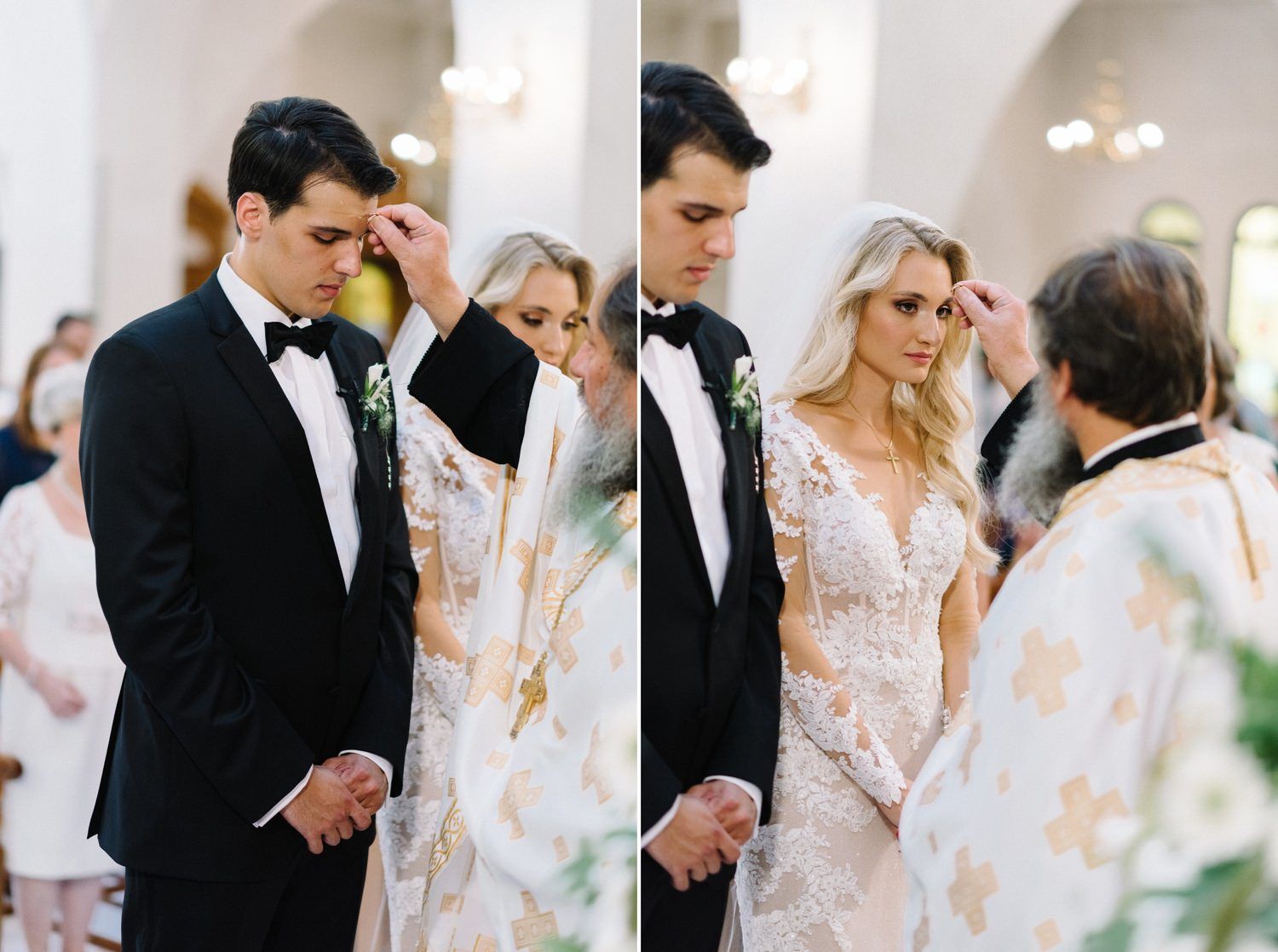 Traditional Orthodox wedding ceremony taking place inside a beautiful white church interior.