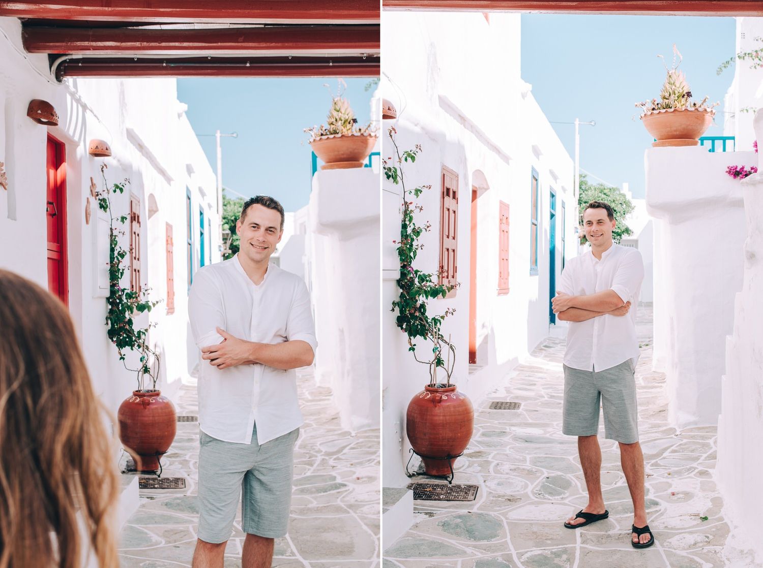 Candid lifestyle photos taken in a traditional Greek alleyway with terra cotta pots.