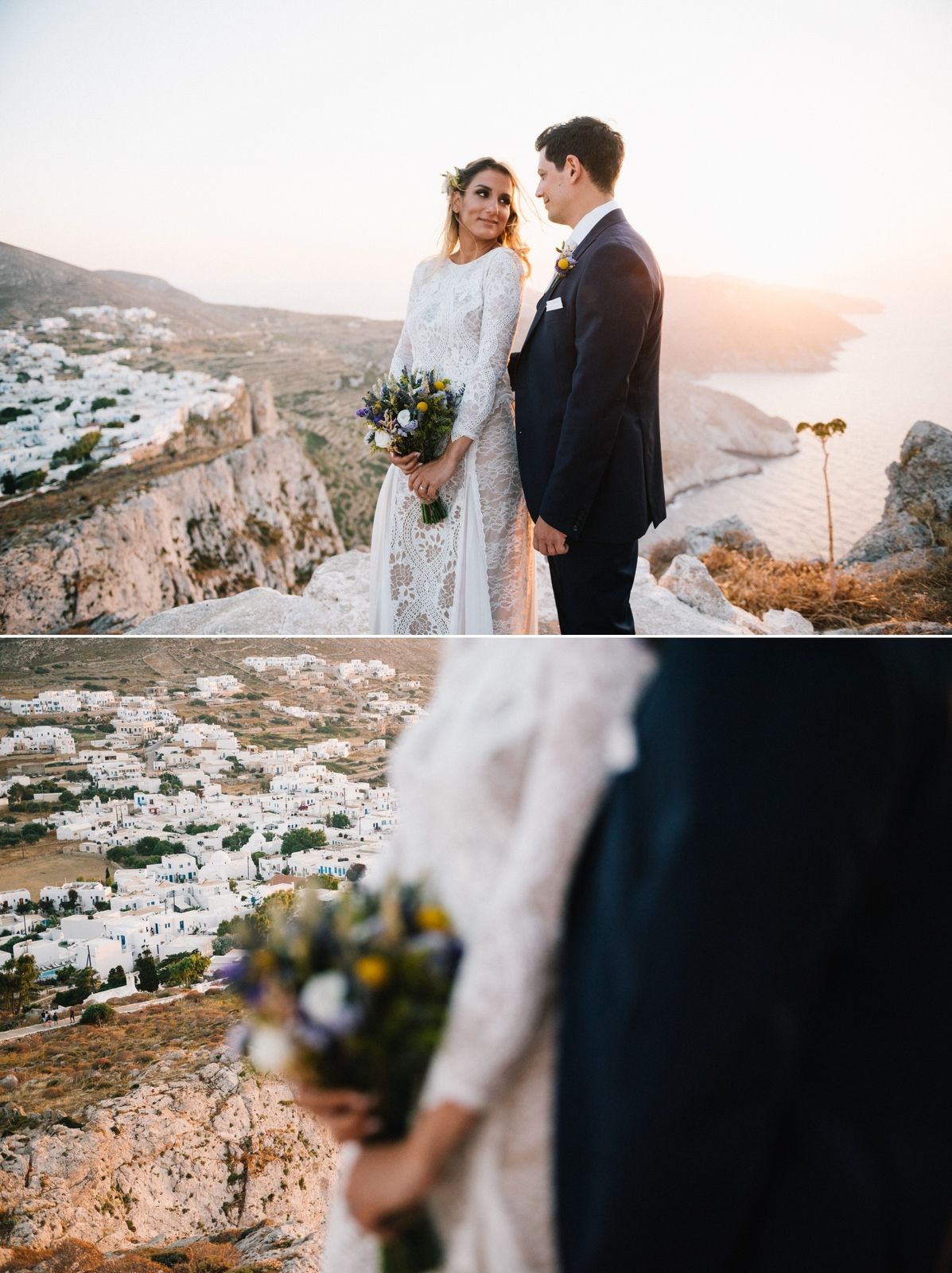 A romantic wedding photoshoot on a cliffside overlooking a white Mediterranean village during sunset.